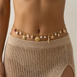 Boho Beach Body Chain - Gold Shell Starfish Pearl Waist Belt, Summer Swimwear Accessory, Adjustable 75+25cm