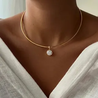18K Gold Plated Stainless Steel Choker Necklace for Women, Round Zircon Pendant Clavicle Chain, Hypoallergenic Tarnish-Free Delicate Collar Necklace 14.5cm