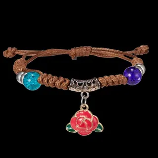 Handwoven Braided Bracelet with Enamel Rose Charm, Adjustable Beaded Rope Bracelet for Women Girls, Vintage Boho Gift Jewelry