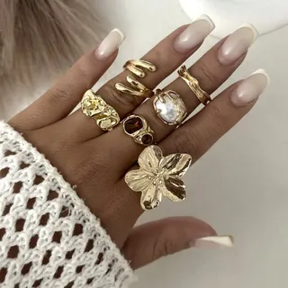 Vintage Flower Ring Set of 6 - Gold Open Adjustable Rings with Pearl & Zircon, Geometric Stackable Statement Rings for Women