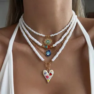 Boho Layered Necklace with Hand-Painted Clay Heart & Evil Eye Charm, 18K Gold Plated Alloy Chain, Multi-Strand Beaded Choker for Summer Vacation