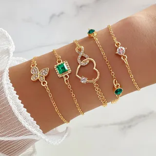 Vintage 5-Piece Bracelet Set, 18K Gold Plated Butterfly Heart Square Green Zircon Charm Bracelets, Rhinestone Layering Jewelry Gift for Women