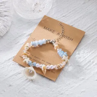 Ocean Shell Beaded Bracelet with Blue Resin Chips, Pearl & Starfish Charm, Adjustable Extender Chain, Boho Beach Jewelry for Women