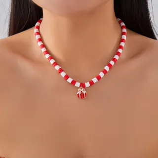 Christmas Tree Clay Necklace for Women, Festive Red Green Beaded Choker with Tree Pendant, Adjustable 38+5cm Alloy Collarbone Chain, Holiday Gift Jewelry