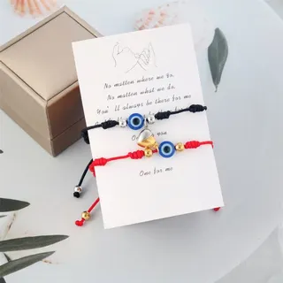 Magnetic Evil Eye Bracelet Set for Couples, Adjustable Braided Cord with Heart Magnet Clasp, Black & Red Alloy Beads, Lucky Charm Protection Gift