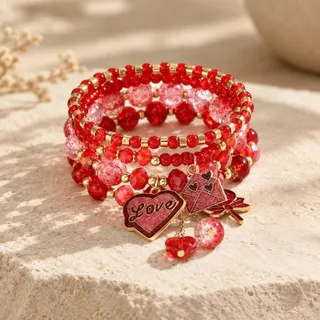Valentine's Day Bracelet Set - Multi-Strand Red Beaded Charm Bracelet with Love Heart & Envelope Dangle, Alloy + Glass Beads, 18cm, Gift for Her