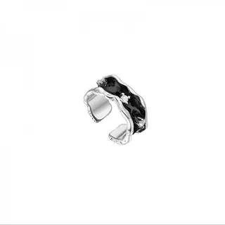 Enamel Drip Glaze Texture Ring - Open Adjustable Band with Black Enamel & Micro Paved Zircon, Vintage Luxury Wide Statement Ring for Women