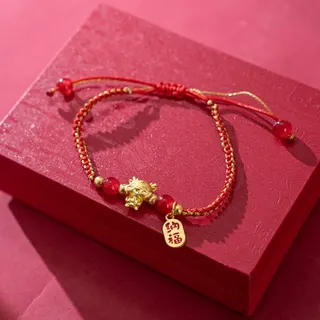 Dragon Year Red String Bracelet with Gold Dragon Charm & 'Na Fu' Tag, Adjustable Alloy 18K Gold Plated Beaded Hand Rope for Baby & Zodiac Lovers