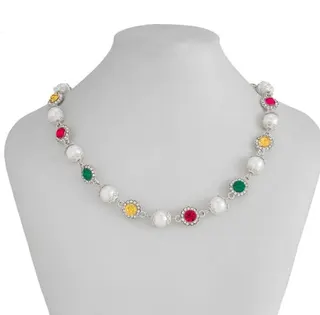 Pearl & Color Zircon Round Necklace for Women, Vintage Luxury Silver-Plated Collarbone Chain with Micro-Set Multi-Color Stones, Adjustable 46+7cm, Wedding Party Jewelry