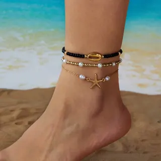 Summer Beach Ankle Bracelet Set of 3 - Starfish Shell Pearl Beaded Anklet, 18K Gold Plated Alloy, Boho Layered Foot Jewelry for Women