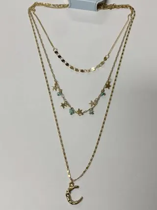 Layered Necklace Women 18K Gold Plated Alloy, Star & Green Turquoise Beads with Rhinestone Crescent Moon Pendant, Boho Long Chain