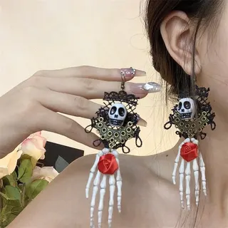 Gothic Black Lace Skull Hand Earrings - Resin Bone Finger & Red Rose Long Dangle Earrings, Halloween Punk Dark Jewelry, Approx 12cm, Pair