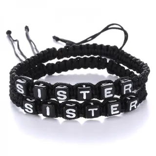 Handwoven Red Braided Bracelet with SISTER Letter Beads - Adjustable Knotted String Wristband, 2 Pack Sister/Girlfriend Gift, Black Square Alphabet Charms