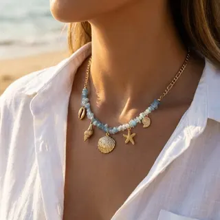 Ocean Shell Starfish Beaded Necklace, Light Blue Crushed Stone & Gold Alloy Charm Pendant, Boho Beach Vacation Choker for Women, 48+5cm Adjustable