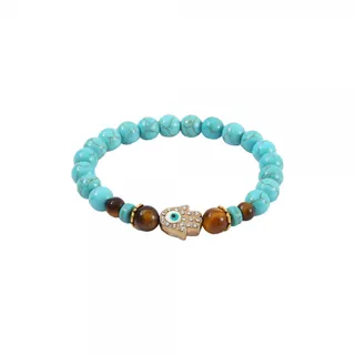 Turquoise Evil Eye Bracelet, Natural Stone Beaded Bracelet with Gold Palm Nazar Charm & Tiger Eye, Bohemian Lucky Charm Jewelry for Women