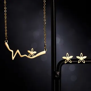 Heartbeat ECG Necklace & Flower Stud Earrings Set, 18K Gold Plated Stainless Steel, Hypoallergenic Tarnish-Free, Minimalist Romantic Jewelry Gift Set for Women