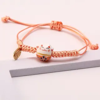 Lucky Cat Ceramic Beaded Bracelet for Women, Black Braided Wax Cord Adjustable Hand Rope, Maneki-neko Good Luck Charm with Gold Tag, 16-26cm Gift