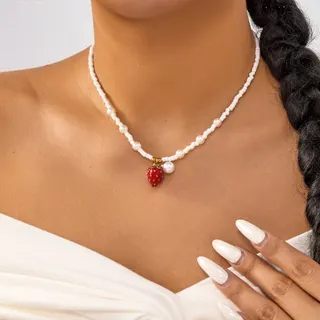 Strawberry Pearl Bead Necklace - White Seed Bead Choker with Red Strawberry Charm & Pearl Drop, Adjustable 38+5cm, Sweet Girly Fashion Jewelry Gift
