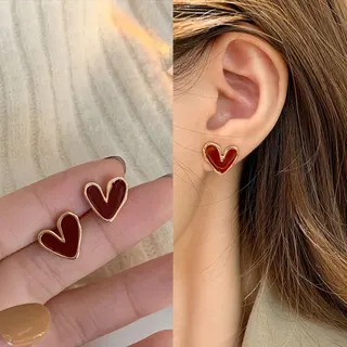 Vintage Wine Red Enamel Heart Stud Earrings, 18K Gold Plated Alloy, 1.2cm Cute Sweet Love Heart Earrings for Women, Pair