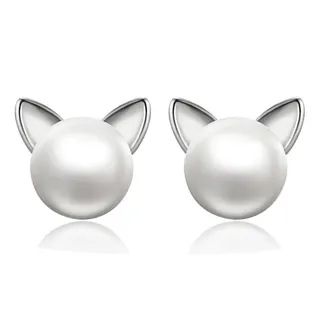Cute Cat Ear Pearl Stud Earrings, Alloy Silver-Plated Kitten Ear Animal Earrings, Sweet Minimalist Small Studs Pair 0.8cm