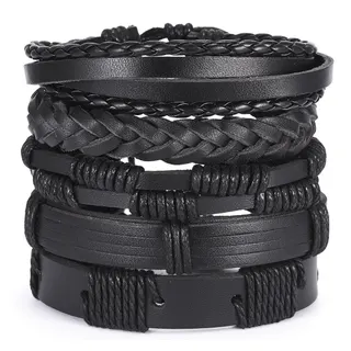 5-Piece Men's Braided Leather Bracelet Set, Adjustable Wax Cord Wristband, White & Brown Boho Retro Stackable Bracelets, 20cm