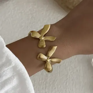 Butterfly Knot Bracelet for Women - 18K Gold Plated Stainless Steel Open Cuff Bangle, Double Bow Oil-Pressed Texture, Hypoallergenic Tarnish-Free, Adjustable, 6.0cm