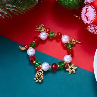 Christmas Santa Snowflake Cane Pearl Crystal Bell Charm Bracelet