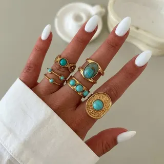 Bohemian Turquoise Ring Set of 5 - 18K Gold Plated Stainless Steel, Adjustable Open Multi-Finger Wide Hammered Band with Imitation Turquoise Cabochon, Gold Stacking Rings for Women