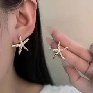 Ocean Starfish Pearl Earrings - Gold Alloy Micro-Paved Zirconia Star Studs, Lightweight Vacation Jewelry for Women