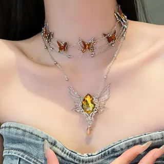Butterfly Wing Layered Necklace, Amber Teardrop Crystal Multi-Chain Choker, Dopamine Color Fashion Collarbone Chain for Women, 32+10cm Alloy Rhinestone Pendant