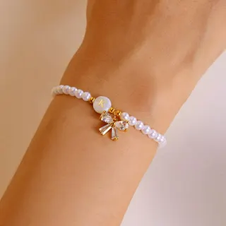 Pearl Butterfly Bracelet for Women - Shell Letter Bead & 18K Gold Plated Zircon Charm, Adjustable 18cm, Sweet Elegant Gift