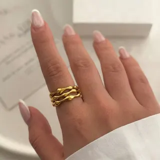 Vintage Geometric Open Ring for Women - Gold Wave Feather Stainless Steel Adjustable Finger Ring, Hypoallergenic 18K Gold Plated, 1.8cm Stackable Statement Jewelry