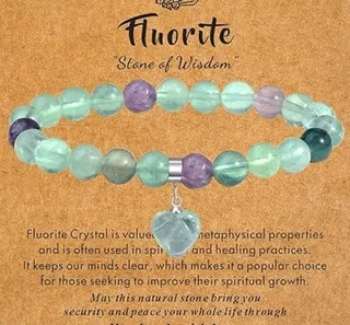 Natural Stone Fluorite Beaded Bracelet with Heart Charm, Adjustable Elastic String, Green & Purple Crystal Healing Jewelry for Women