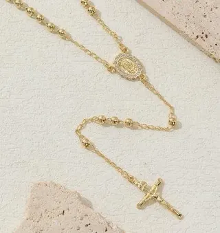 Gold Rosary Style Cross Necklace, 18K Gold Plated Copper with Rhinestone Madonna Pendant, 4mm Bead Chain Long Sweater Chain 60cm