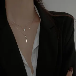 Minimalist Double Layer Necklace for Women, White Gold Round & Bar Zircon Pendant, Copper Plated Anti-Tarnish, 45/55cm Collarbone Chain