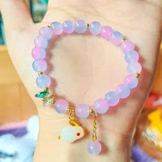 Candy Color Rabbit Bead Bracelet 8mm Resin Pastel Pink Purple Gradient Charm Bracelet Cute Girl Zodiac Rabbit Pendant Jewelry Gift