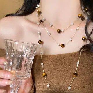 Maillard Tiger Eye & Pearl Layered Necklace, Gold Chain Beaded Long Chain 124cm, French Vintage Luxury Fall Winter Statement Collar Necklace for Women