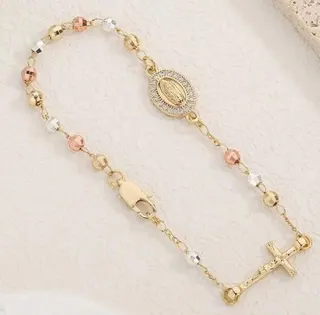 Rose Gold Cross Bracelet with Rhinestone Oval Charm, Copper Beaded Chain 21cm, Religious Fashion Jewelry for Women