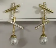Luxury Geometric Pearl Drop Earrings - 18K Gold Plated Alloy with Cubic Zirconia, Elegant Long Dangle Earrings for Women, Commute & Party Jewelry