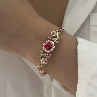 Vintage Enamel Floral Open Cuff Bracelet, 18K Gold Plated Copper with Rhinestone & Red Gemstone, French Retro Bangle for Women