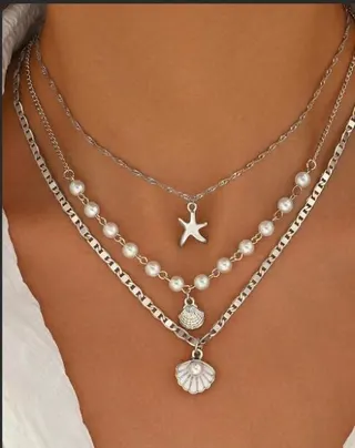 Ocean Style Layered Necklace with Shell & Starfish Pendant, Imitation Pearl Multi-Strap Collarbone Chain, White Gold Plated Alloy, Beach Vacation Jewelry for Women