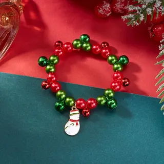 Christmas Red Green Beaded Bell Bracelet - Alloy Shiny Beads & Jingle Bells, Elastic Holiday Jewelry, ~18cm, Festive Gift Accessory