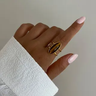 Vintage Tiger Eye Stone Ring, 18K Gold Plated Stainless Steel Wide Band, Oval Cabochon Geode Ring for Women, 1.8cm