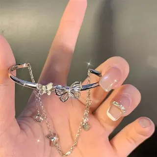 Butterfly Bracelet for Women, Double Layer Chain Dangle Open Adjustable Bangle, Silver Plated Alloy, Sweet Delicate Jewelry Gift
