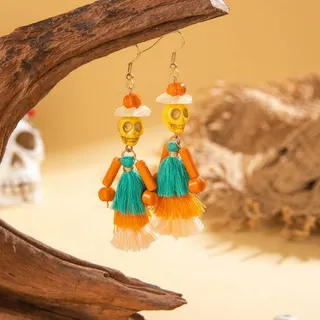 Halloween Skull Tassel Earrings Bohemian Long Dangle Earrings with Resin Rose & Beaded Diamond, Colorful Fringe Party Cosplay Jewelry for Women