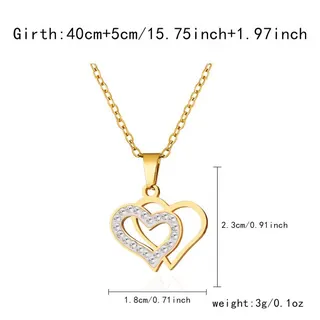 Gold Double Heart Zircon Pendant Necklace, Stainless Steel Rhinestone Clavicle Chain, 40+5cm Adjustable, Hypoallergenic Luxury Women's Jewelry Gift