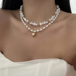 Double Layer Baroque Pearl Necklace Set with Heart Pendant - Silver Alloy & CCB, 2-Piece Stackable Choker for Wedding & Daily Wear