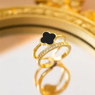 Double Layer Clover Ring for Women, 18K Gold Plated Cubic Zirconia Black Enamel Lucky Four Leaf Stackable Open Ring, Gift for Her