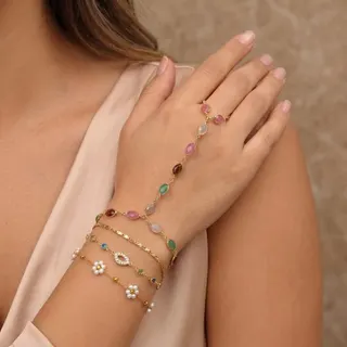 Colorful Gemstone Finger Chain Hand Chain Set, 3pcs Rhinestone Flower Pearl Bracelet, Gold Plated Stainless Steel, Layered Hand Jewelry for Women