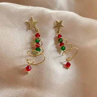 Christmas Tree Star Earrings - Gold Plated Copper with Red Green Crystal Beads, Spiral Dangle Holiday Earrings for Women, Gift Ready